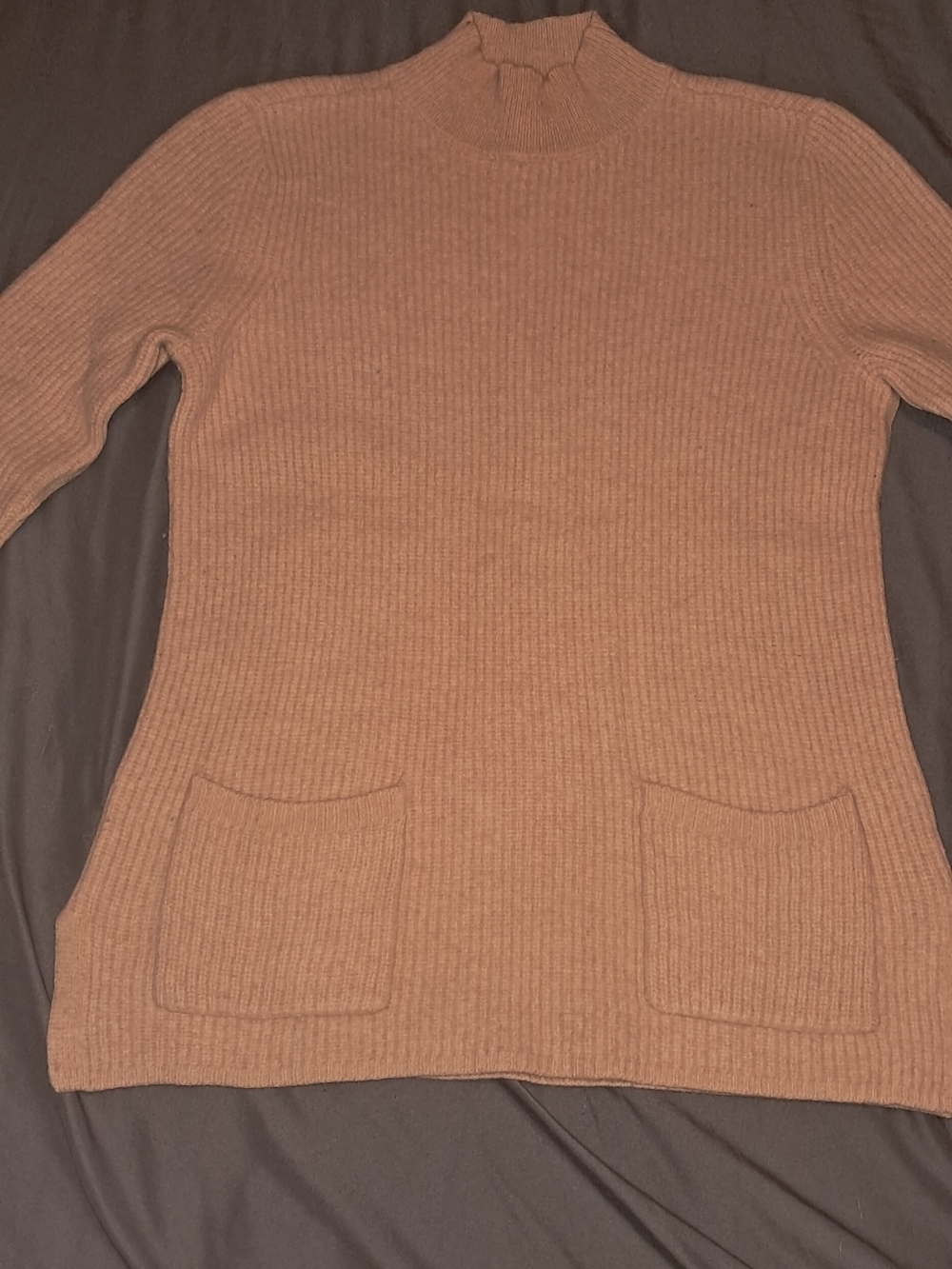 WoolOvers Wool Ribbed Mock Neck Pocket Sweater in Warm Brown